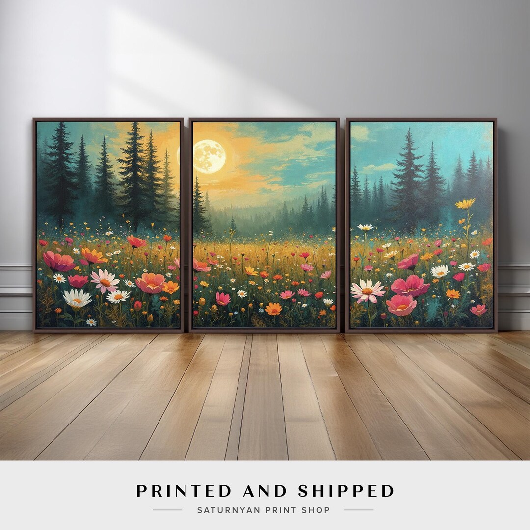 Wildflower Meadow Wall Art Set of 3 | Moonlit Forest Floral Canvas ...