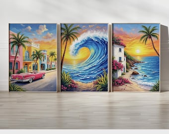 Beach Wall Art Triptych | Colorful Coastal Set of 3 with Ocean Wave Palm Trees and Seaside Villa | Tropical Living Room Wall Decor