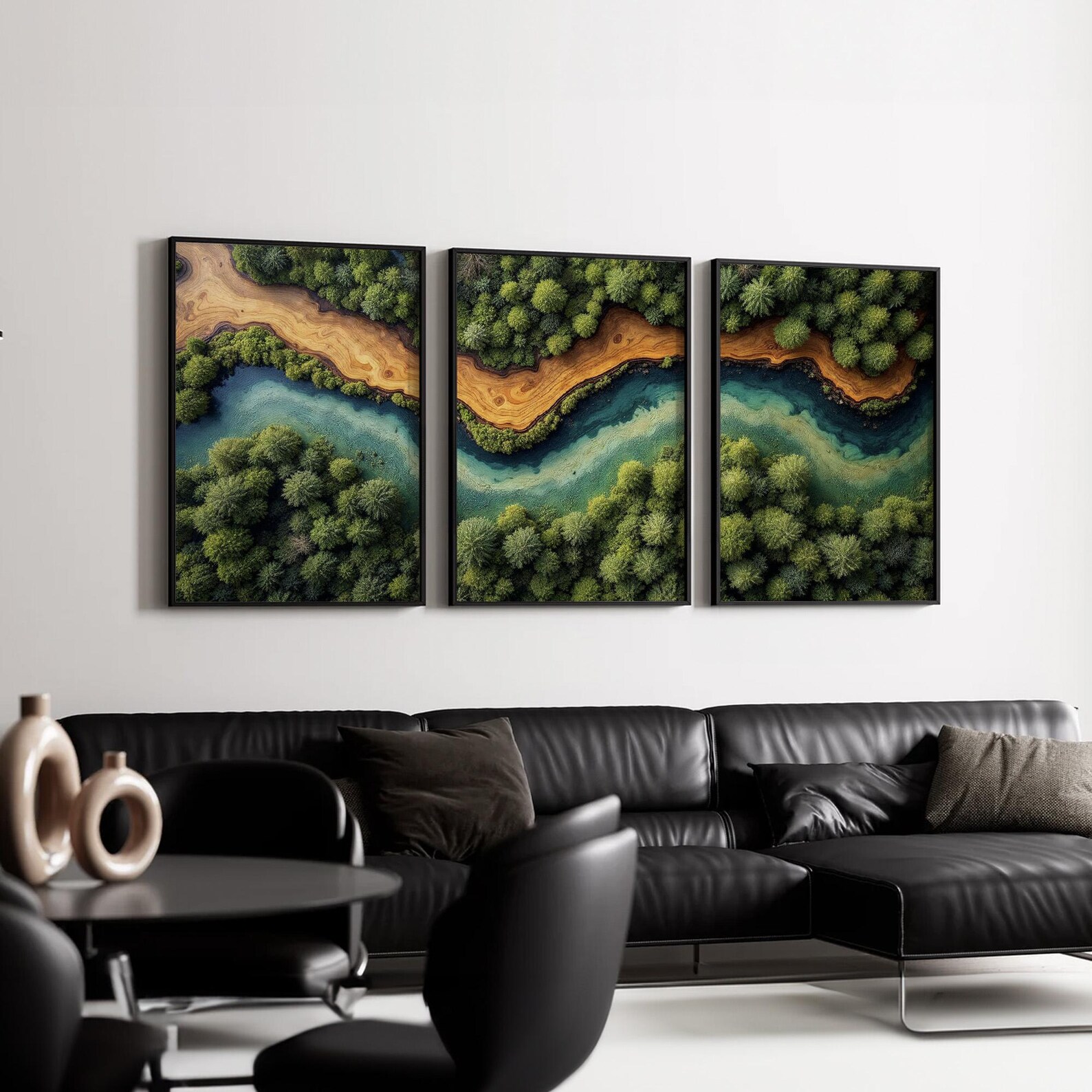 Aerial Forest River Wall Art Set of 3 | Green Tree and Blue Water ...