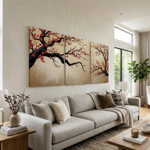 Japanese Cherry Blossom Wall Art, Sakura Tree Triptych, Asian Ink Painting, Zen Home Decor, Floral Canvas Print, Oriental Minimalist Art image 5