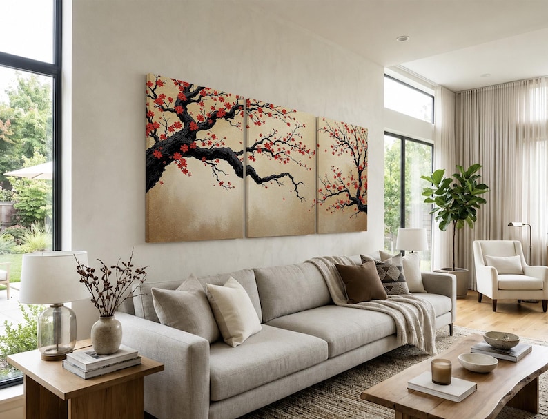 Japanese Cherry Blossom Wall Art, Sakura Tree Triptych, Asian Ink Painting, Zen Home Decor, Floral Canvas Print, Oriental Minimalist Art image 5