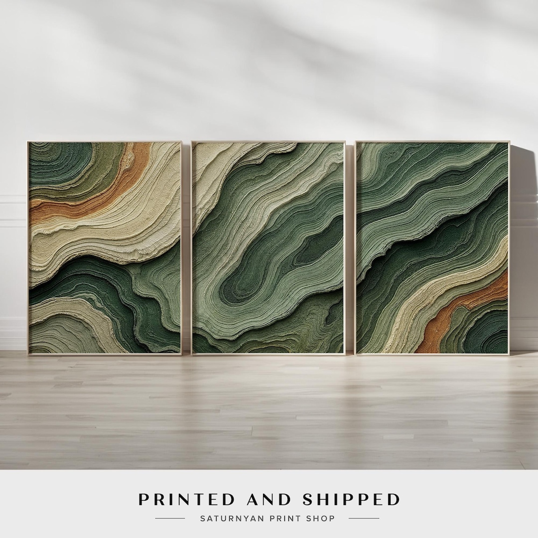 Abstract Green and Beige Wall Art - Set of 3 Modern Decor With Earthy ...