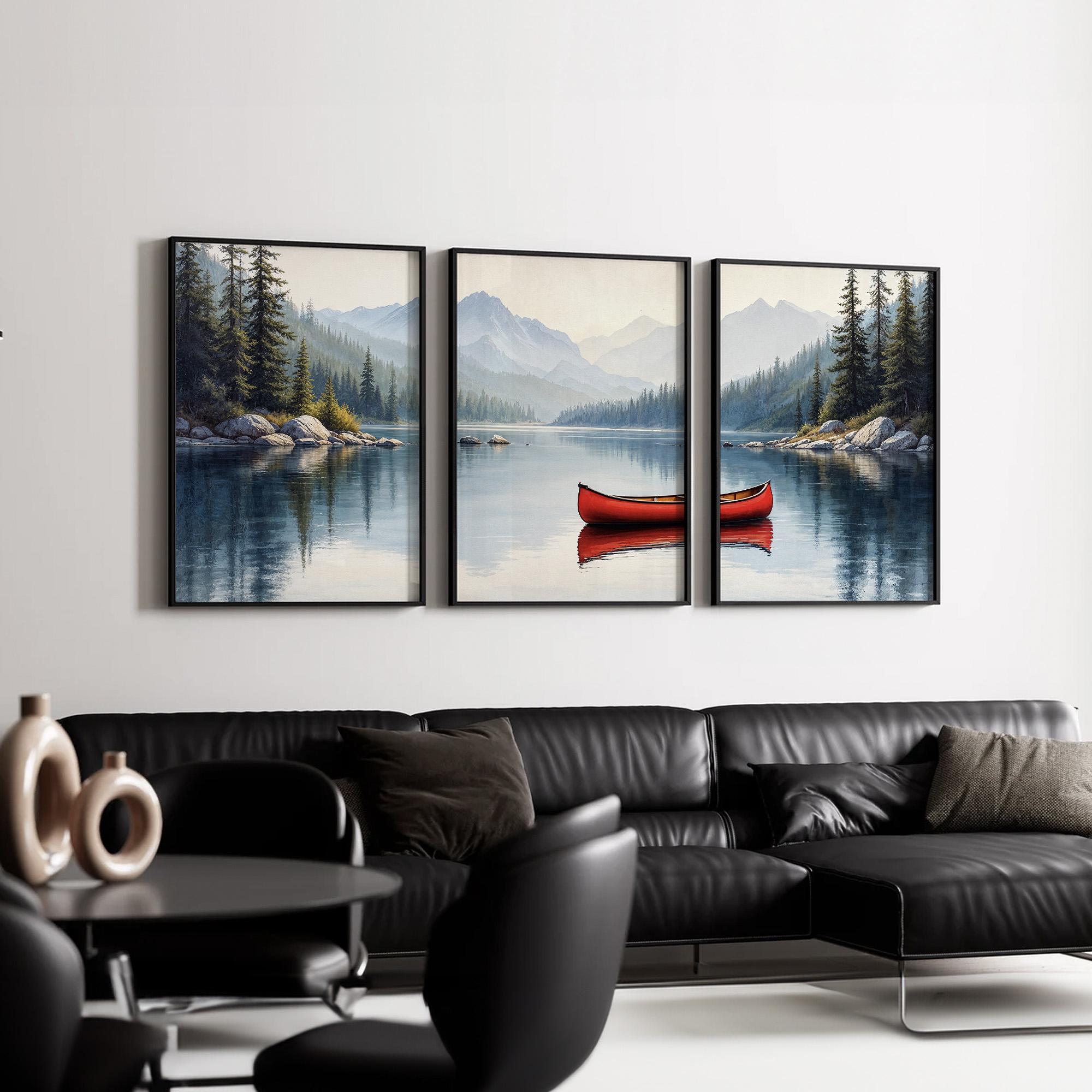 Mountain Lake Wall Art Set of 3 | Red Canoe Landscape With Forest and ...