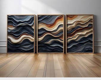 Earthy Abstract Wall Art Set of 3 | Neutral Layered Canyon Wave Patterns in Black and Rust Brown for Modern Rustic Wall Decor