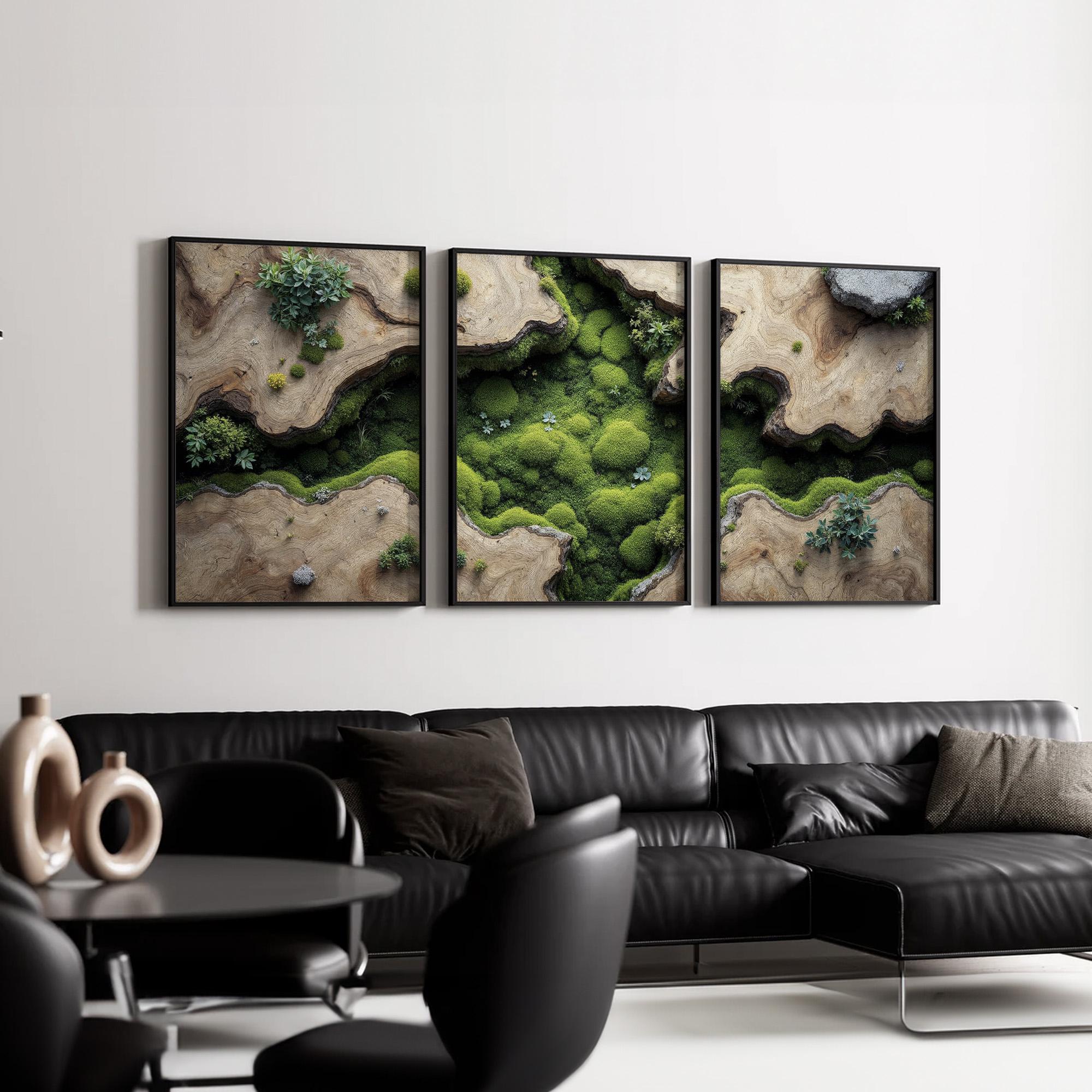 Moss Forest Wall Art Set of 3 | Nature Inspired Wood Triptych With