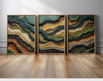 Earthy Landscape Abstract Wall Art | Geological Layered Patterns in Green, Rust, and Brown Tones for Living Room, Office, or Bedroom