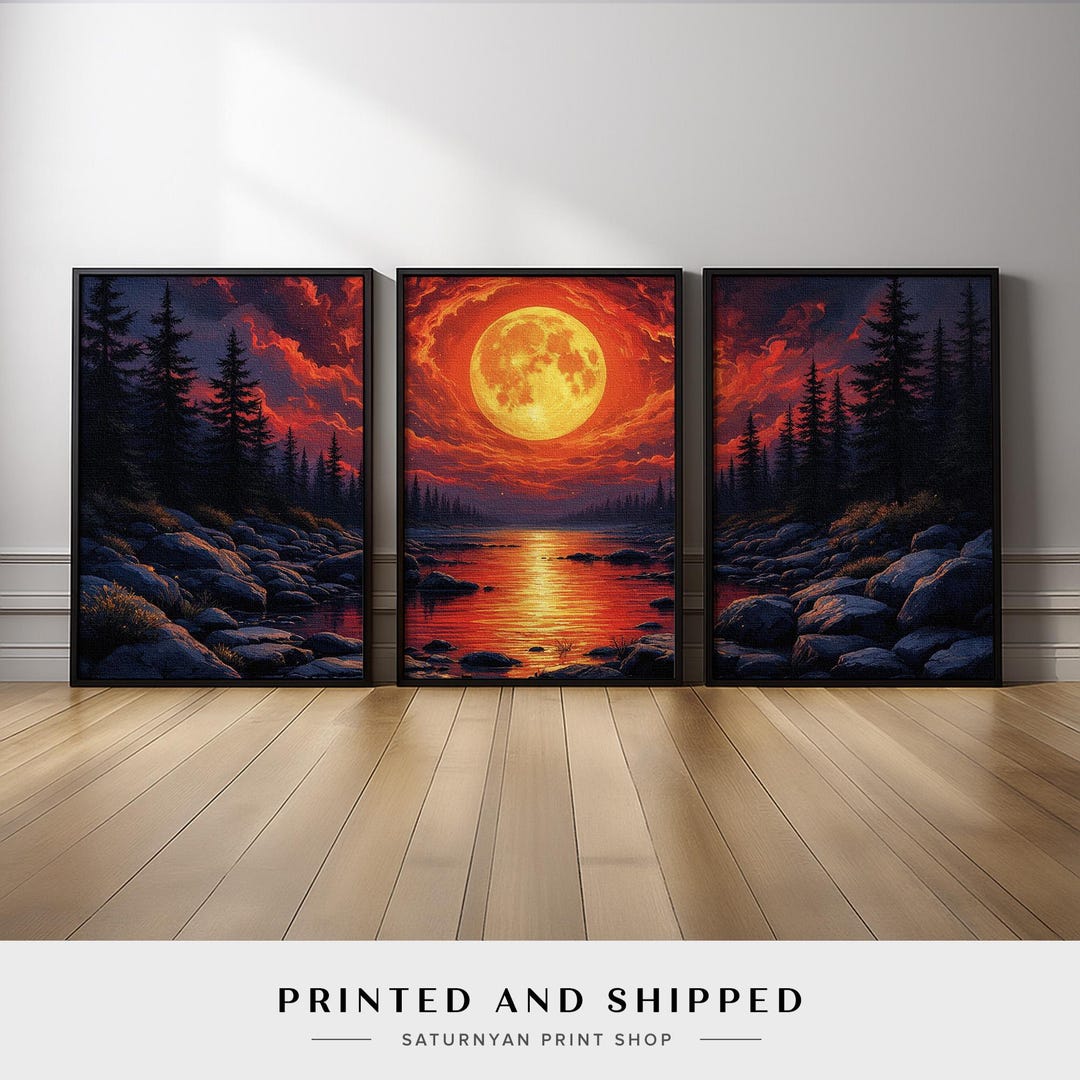 Moonlit Forest Wall Art Triptych | Red Dark Night River With Full Moon ...