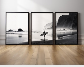 Black and White Surfer Wall Art Set of 3 | Minimalist Coastal Canvas Prints | Ocean Beach Surf Artwork | Modern Monochrome Wave Wall Decor
