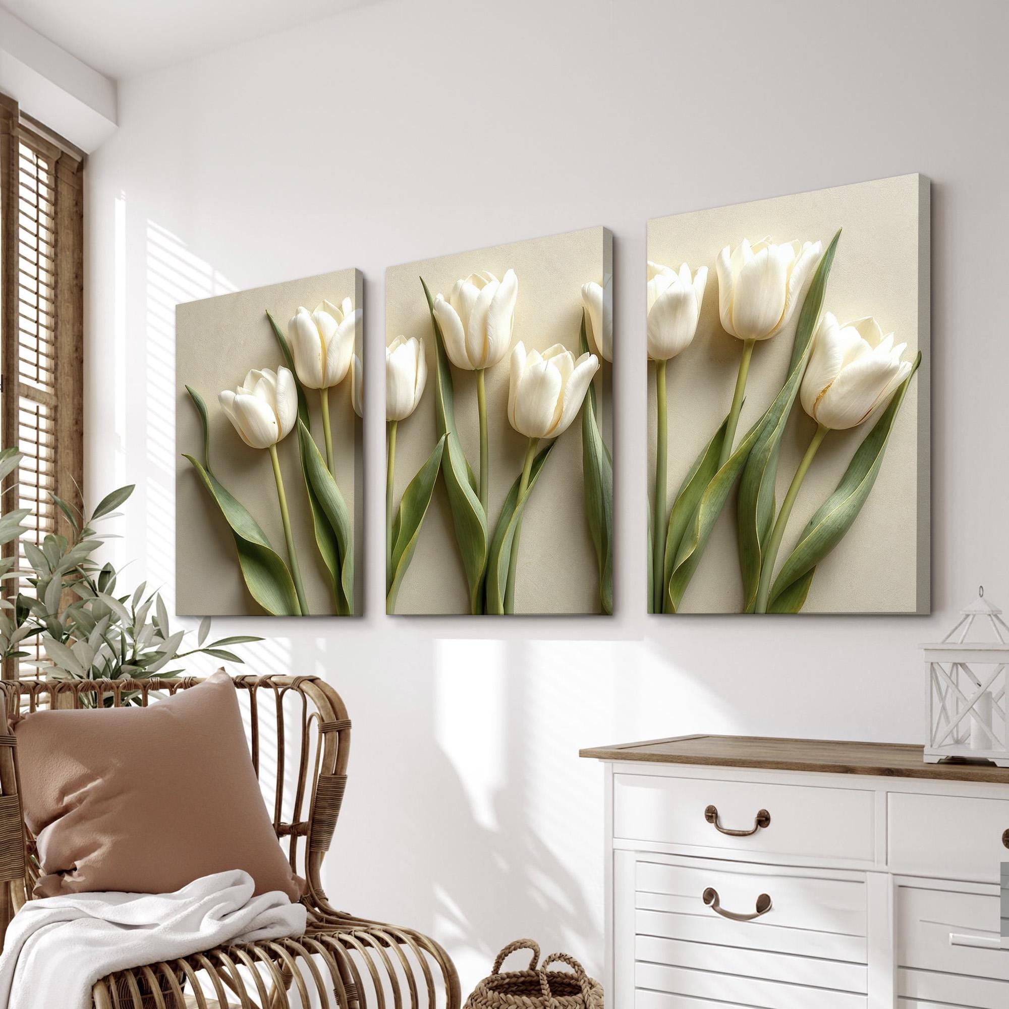 White Tulip Wall Art Set of 3 | Minimalist Botanical Canvas Prints on ...