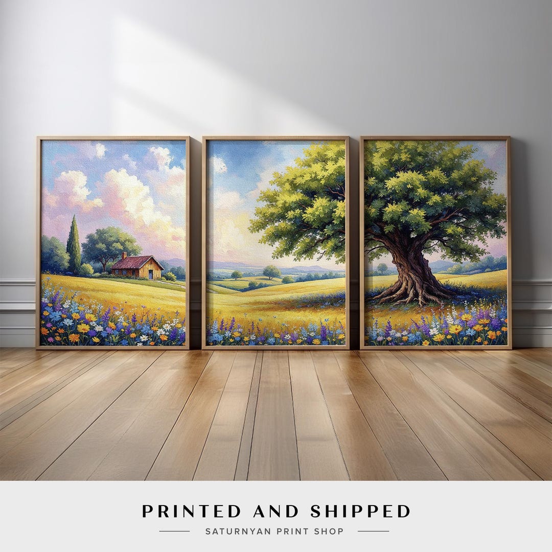 Farmhouse Landscape Wall Art Set of 3 | Countryside Cottage Meadow ...