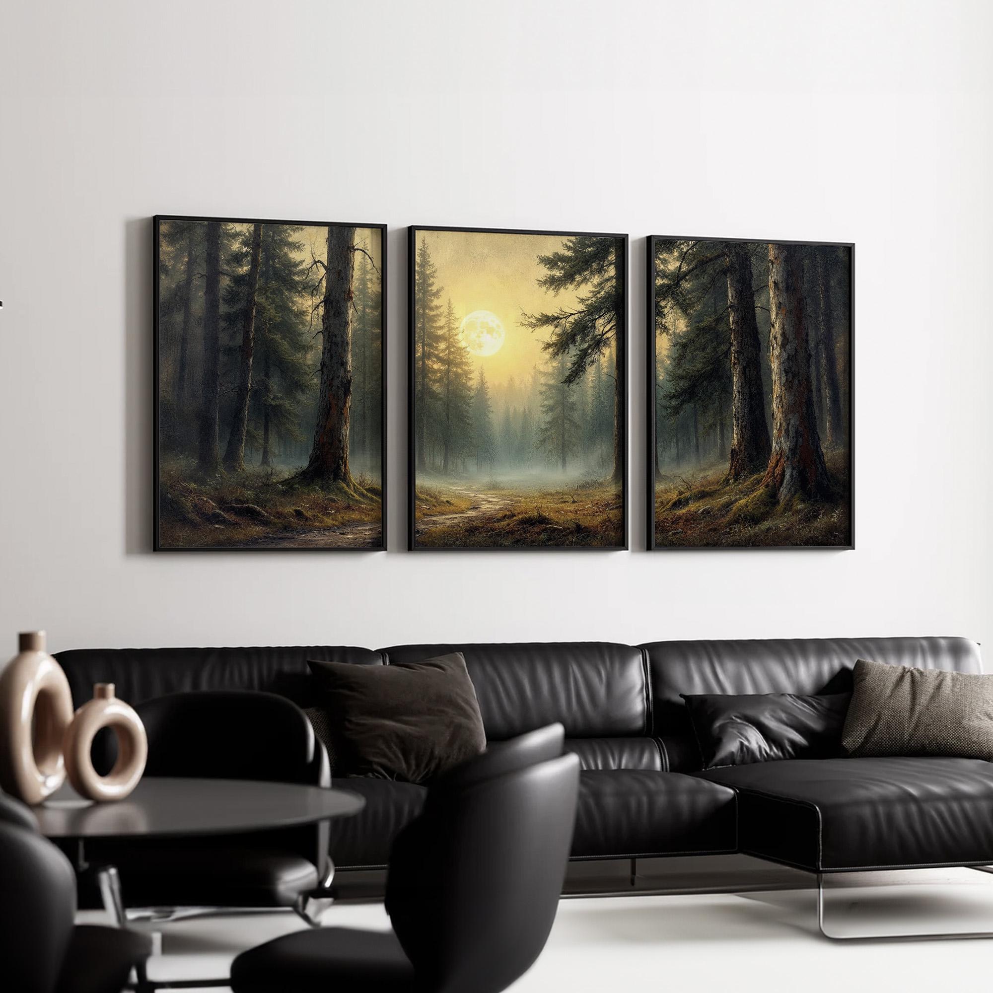 Forest Landscape Wall Art Set of 3 | Moonlight Pine Trees Canvas Prints ...