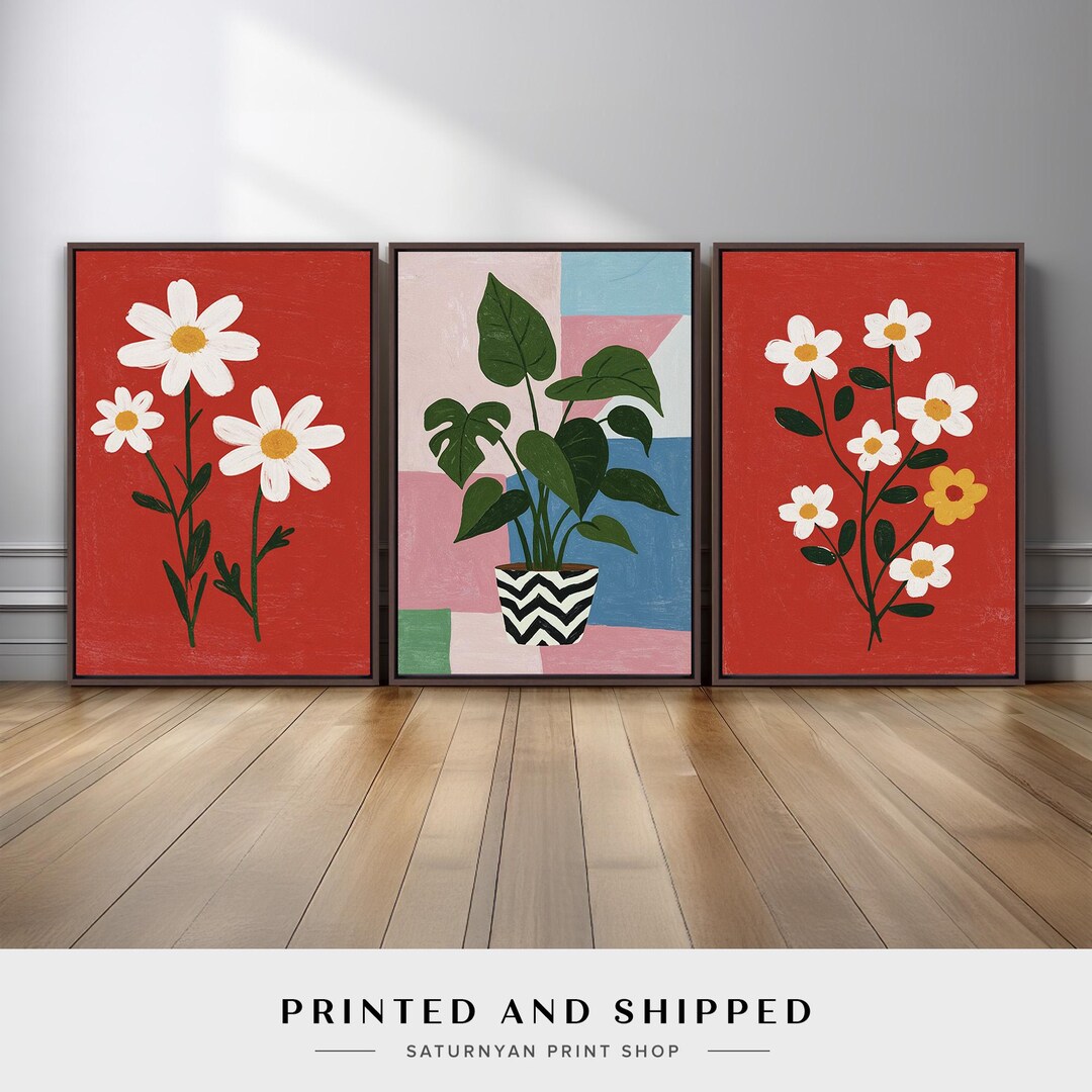Botanical Wall Art Set of 3 | Modern Daisy and Monstera Plant Prints ...