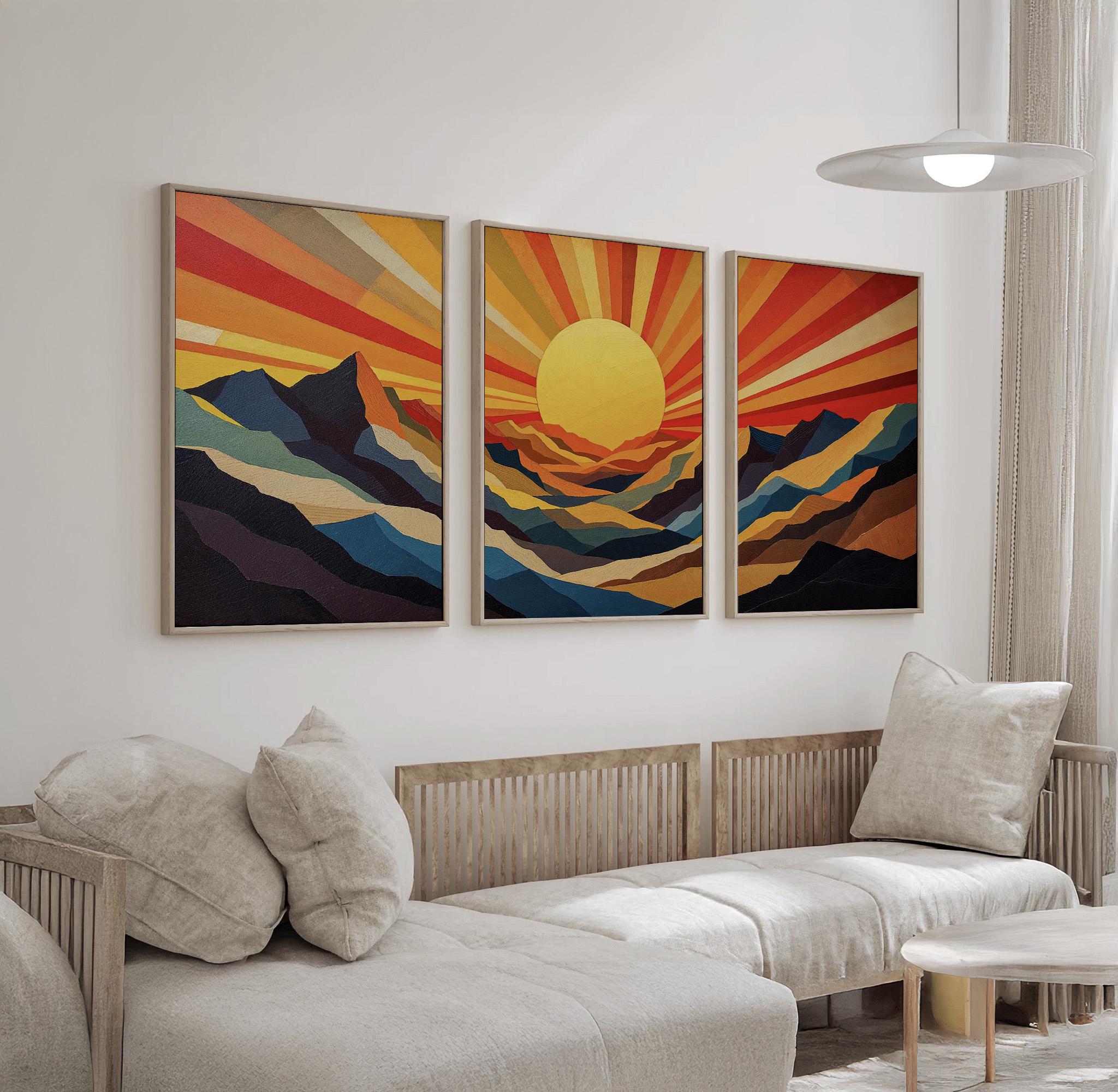 Bold Mountain Sunset Wall Art Triptych | Abstract Sunrise Landscape ...