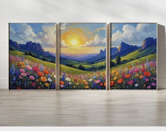 Sunset Landscape Wall Art Set of 3 | Wildflower Meadow and Mountain Canvas Prints in Vibrant Colors | Nature Triptych for Colorful Decor