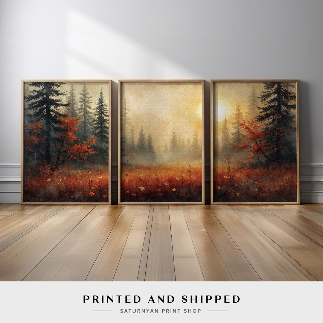Rustic Fall Forest Wall Art Triptych | Autumn Landscape Set of 3 Canvas ...