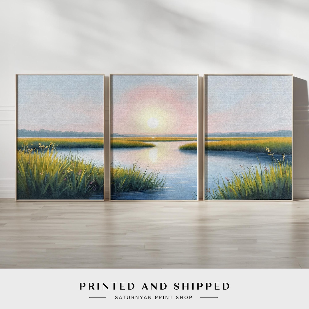 Sunrise Marsh Landscape Triptych | Tranquil River Canvas Wall Art Set ...