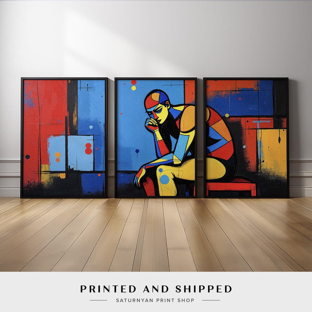 Colorful Abstract Cubist Wall Art Set of 3 | Modern Red Blue Yellow ...