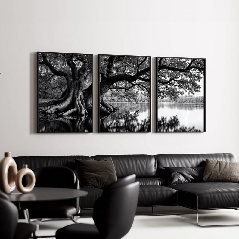 Black and White Tree Wall Art Set of 3 | Monochrome Lake Landscape ...
