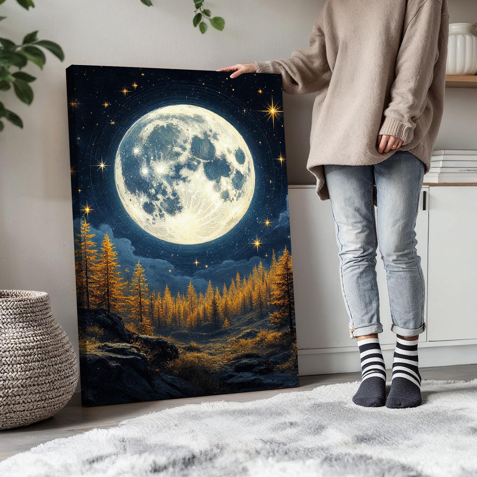Moonlit Forest Wall Art Set of 3 | Full Moon Over Golden Pine Trees and ...