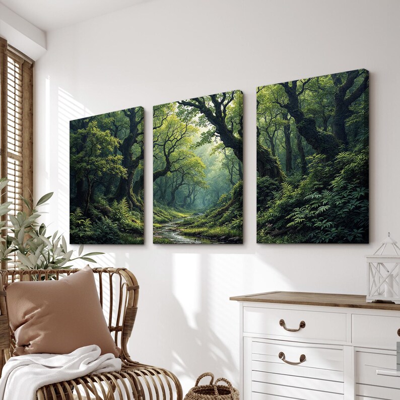Green Forest Wall Art Set of 3 | Tranquil Nature Landscape Canvas ...