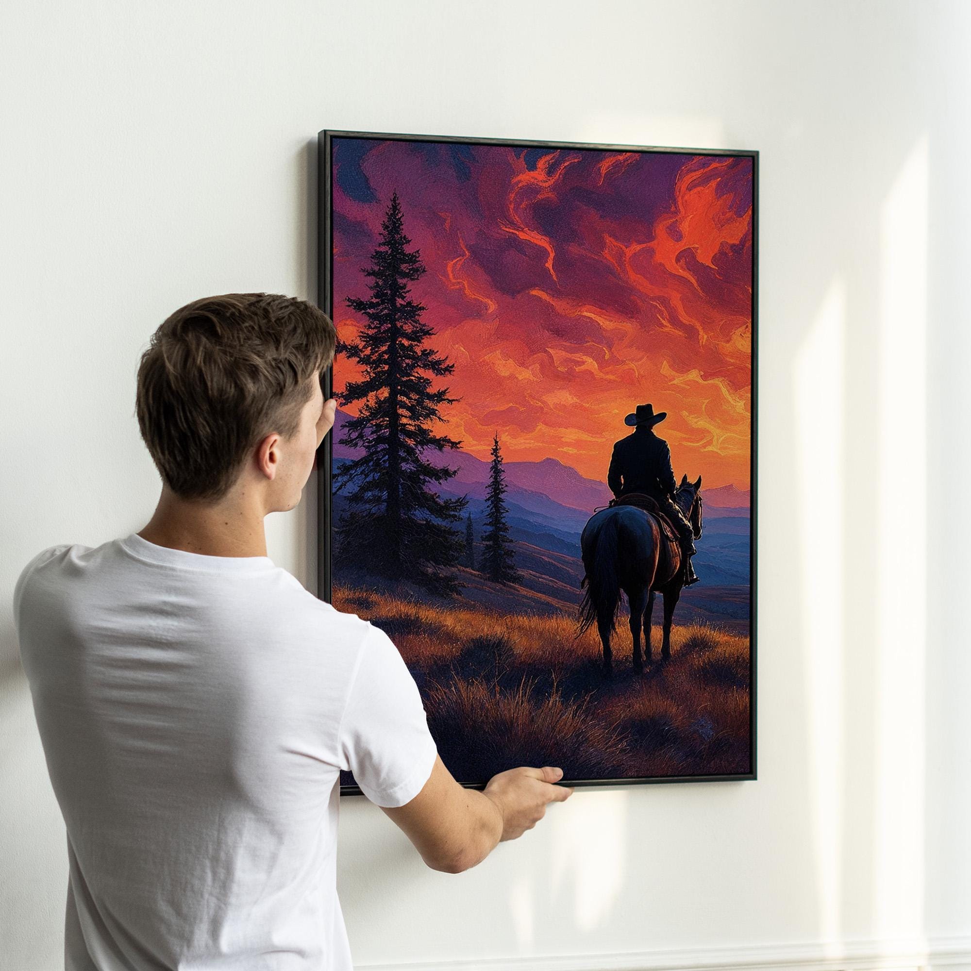 Western Sunset Wall Art Set of 3 | Cowboy & Horse Scenic Canvas Prints ...