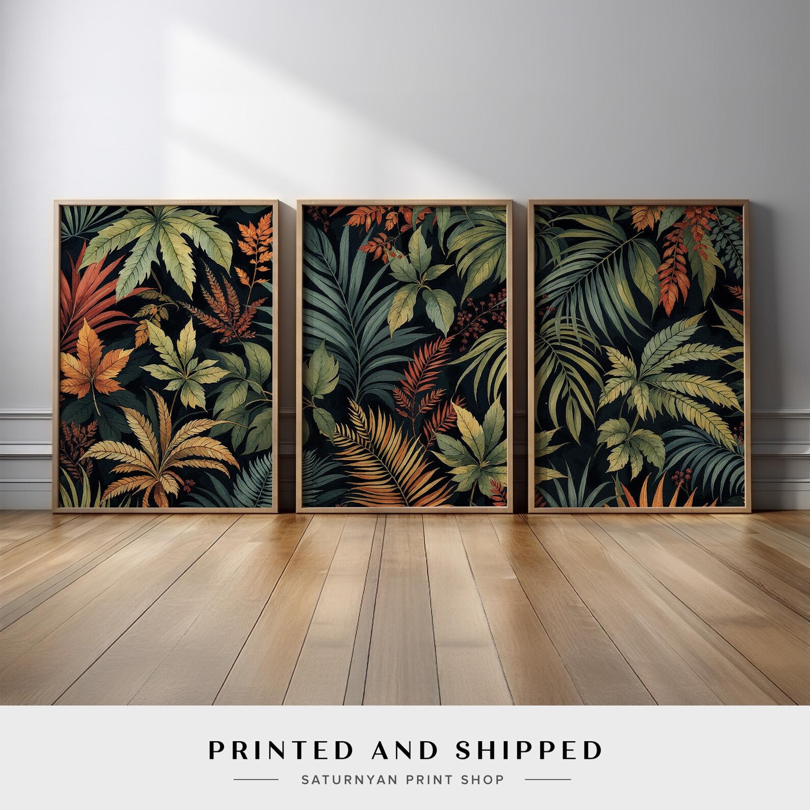 Tropical Botanical Wall Art Set of 3 | Jungle Leaf Triptych in Green ...