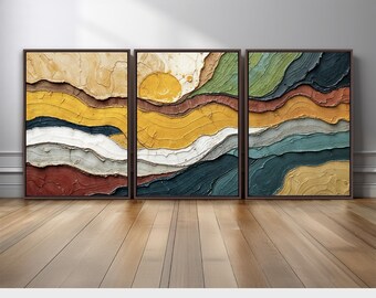 Sunset Abstract Wall Art Set of 3 | Landscape Inspired in Mustard Yellow Sage Green and Teal Triptych | Modern Organic Japandi Decor