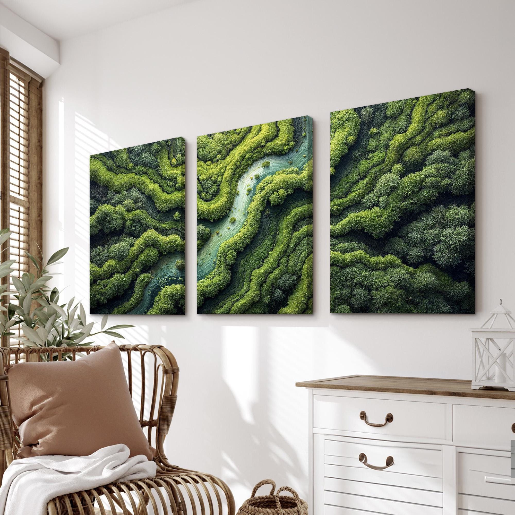 Lush Green Forest Wall Art Set | Aerial River Landscape Canvas Triptych ...