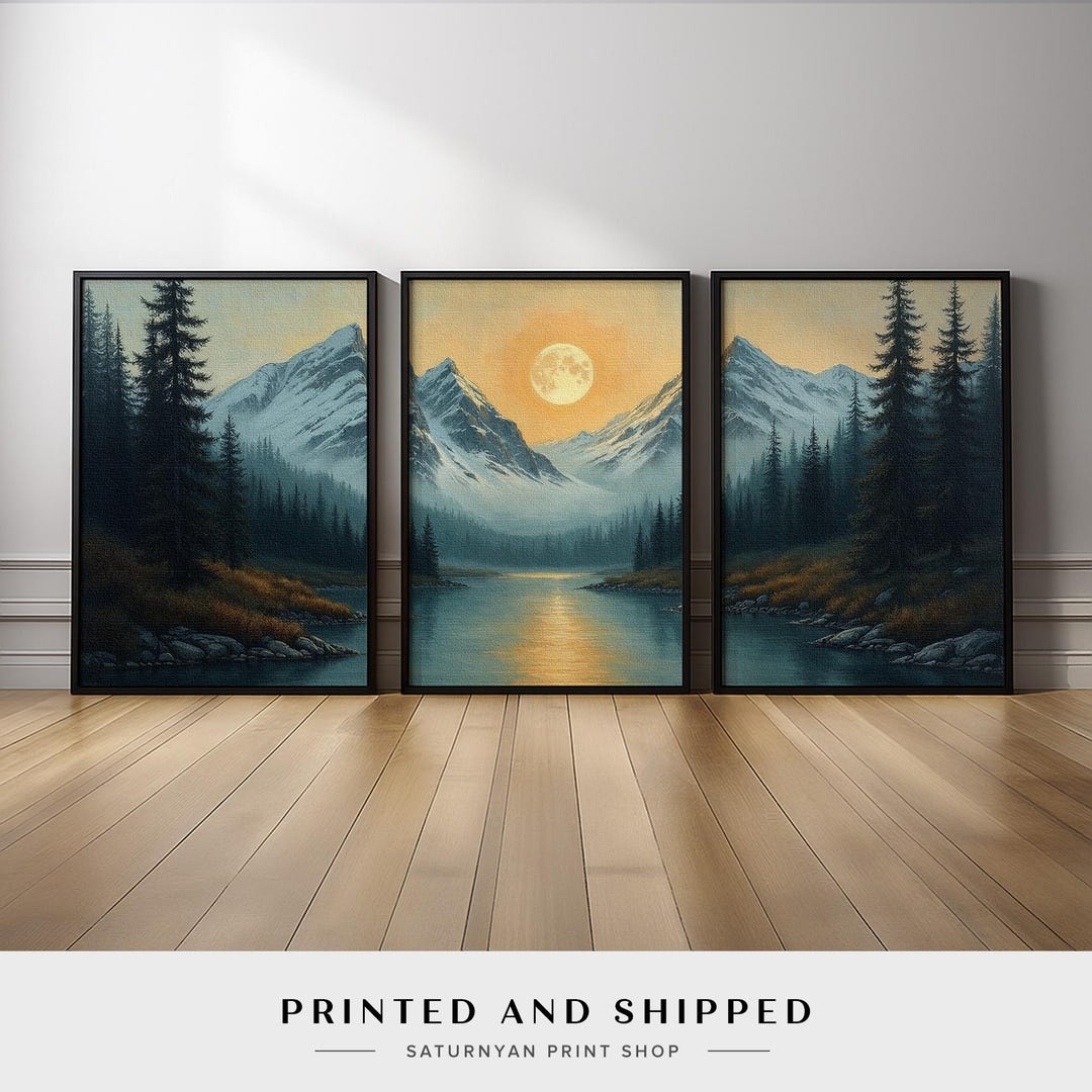 Mountain Lake Wall Art Set of 3 | Misty Forest Landscape Canvas Prints ...