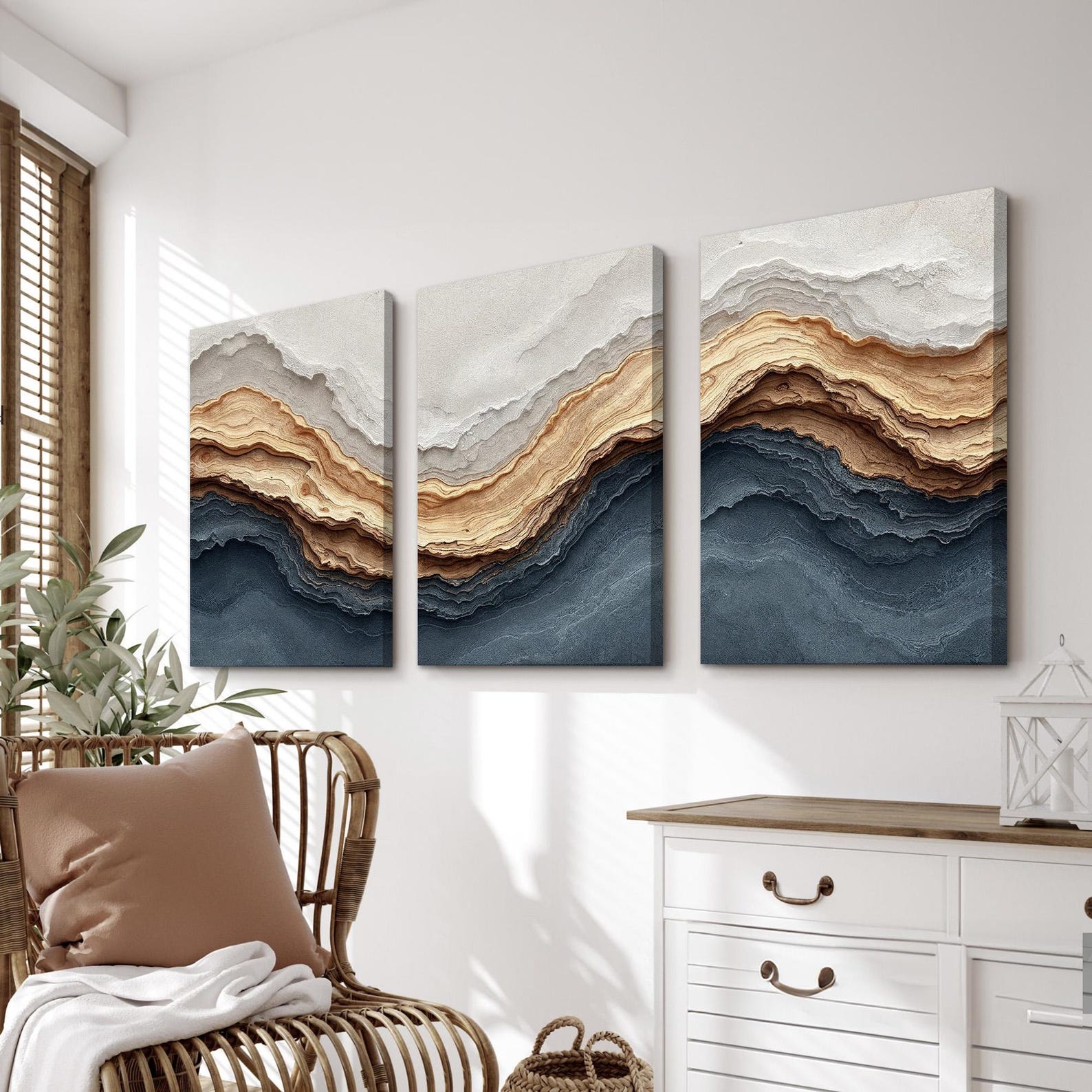 Ocean Wave Inspired Wall Art Set | Layered Neutral Beige and Blue ...