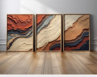 Canyon Rock Formation Wall Art Triptych | 3 Piece Earth Layer Abstract Canvas Set in Burnt Orange, Clay & Gray | Modern Desert-Inspired