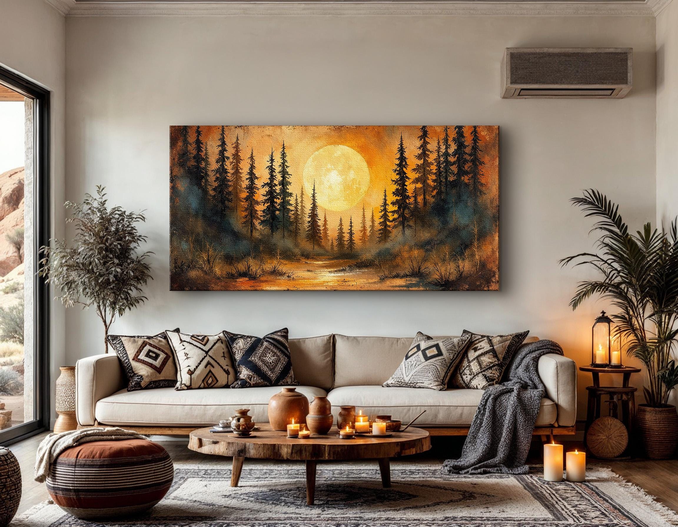 Moody Forest Landscape Wall Art, Full Moon Over Pine Trees Painting ...