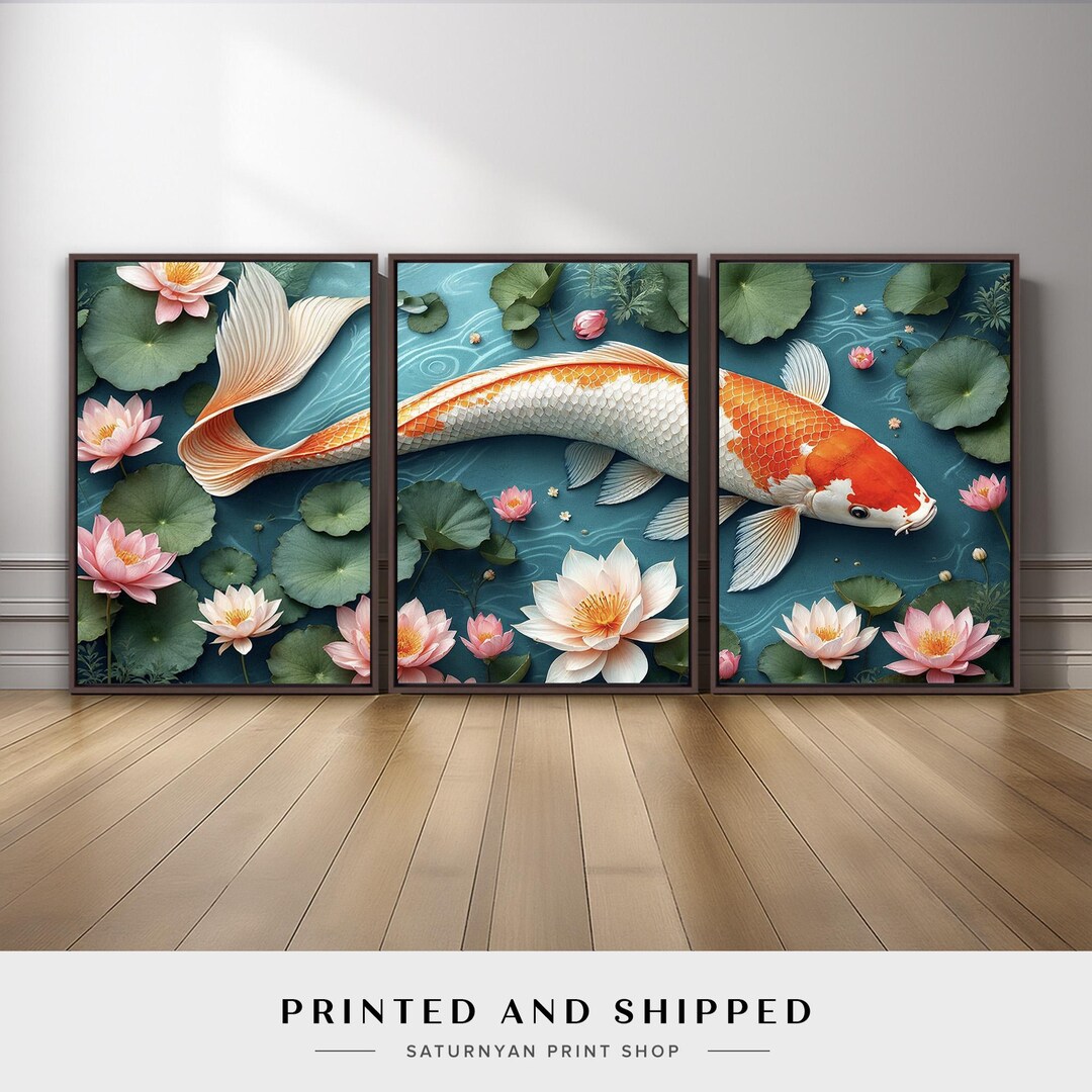 Koi Fish Wall Art Set of 3 | Lotus Pond Canvas Prints, Japanese Zen ...