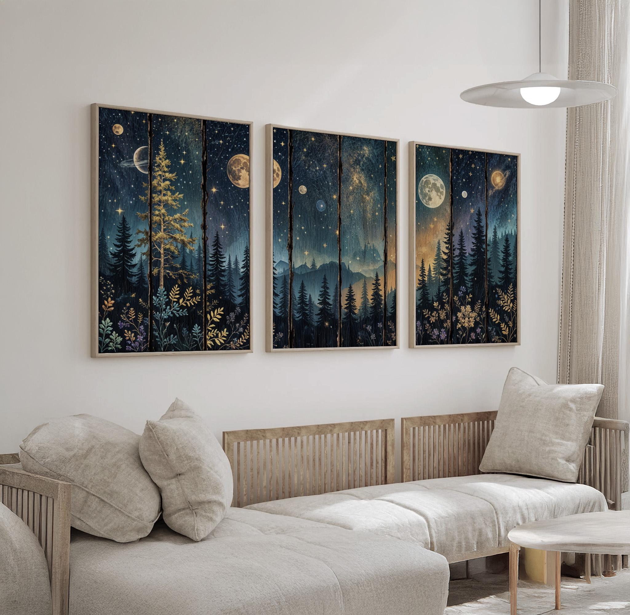 Celestial Wall Art Triptych | Moon, Stars, and Planet Night Sky Canvas ...