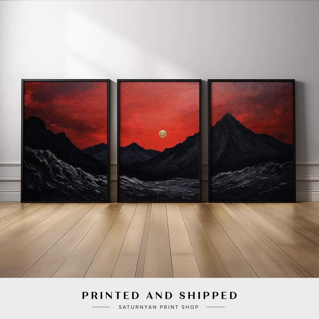 Crimson Sky Mountain Triptych | Dark Red Night Landscape Wall Art Set ...