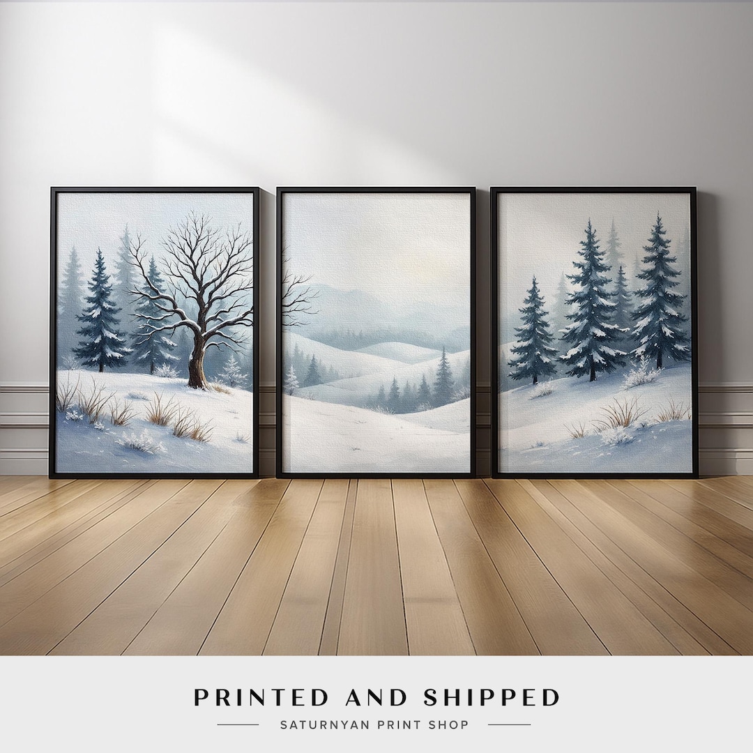 Winter Landscape Wall Art Set of 3 | Snowy Forest Canvas Prints | Cozy ...