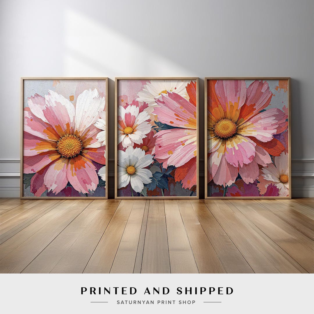 Pink and White Daisy Floral Wall Art Set of 3 | Colorful Abstract ...
