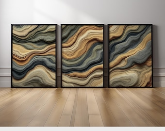 Topography Inspired Abstract Wall Art Set of 3 | Earth Tone with Beige, Brown, and Taupe Waves Canvas Prints Triptych Geology Decor