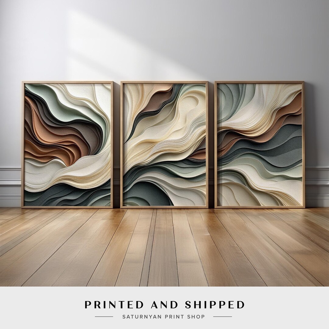 Neutral Abstract Wave Wall Art Set of 3 | Modern Layered Flow Triptych ...