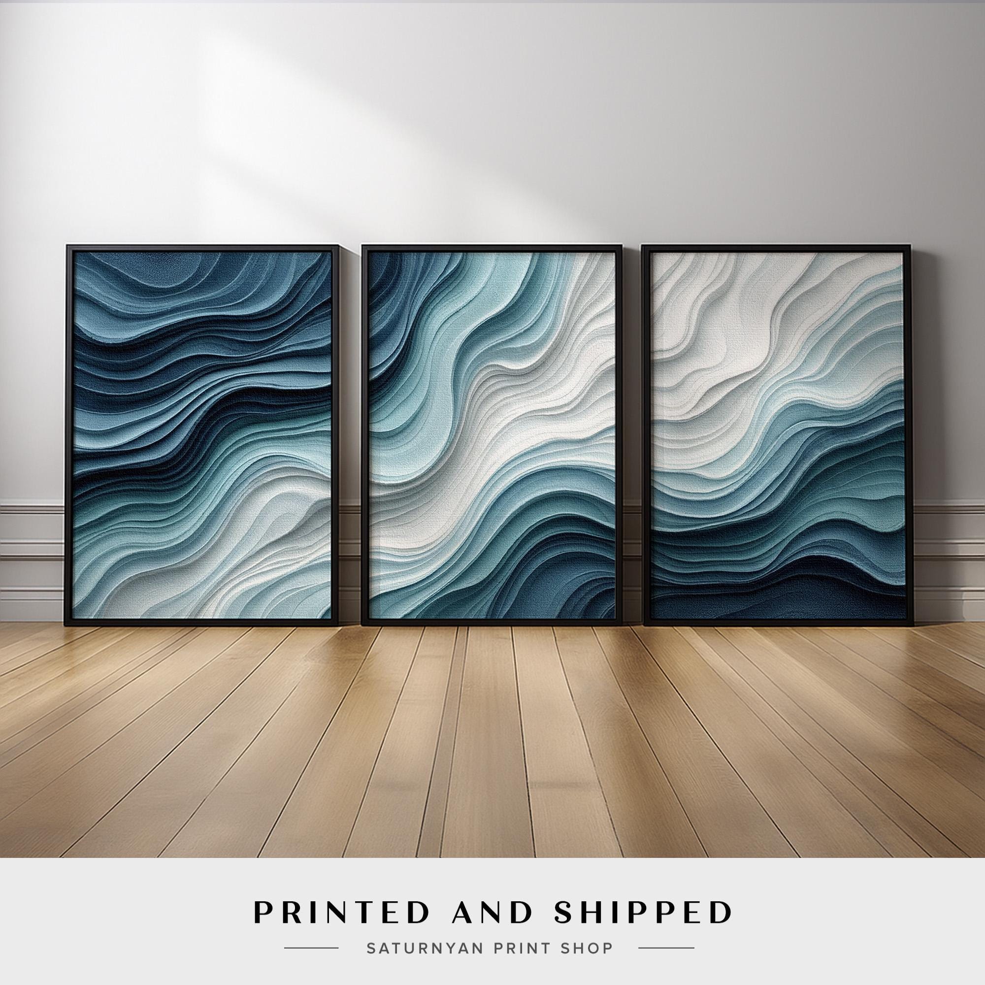 Ocean Wave Abstract Wall Art Set of 3 | Coastal Blue and White Canvas ...