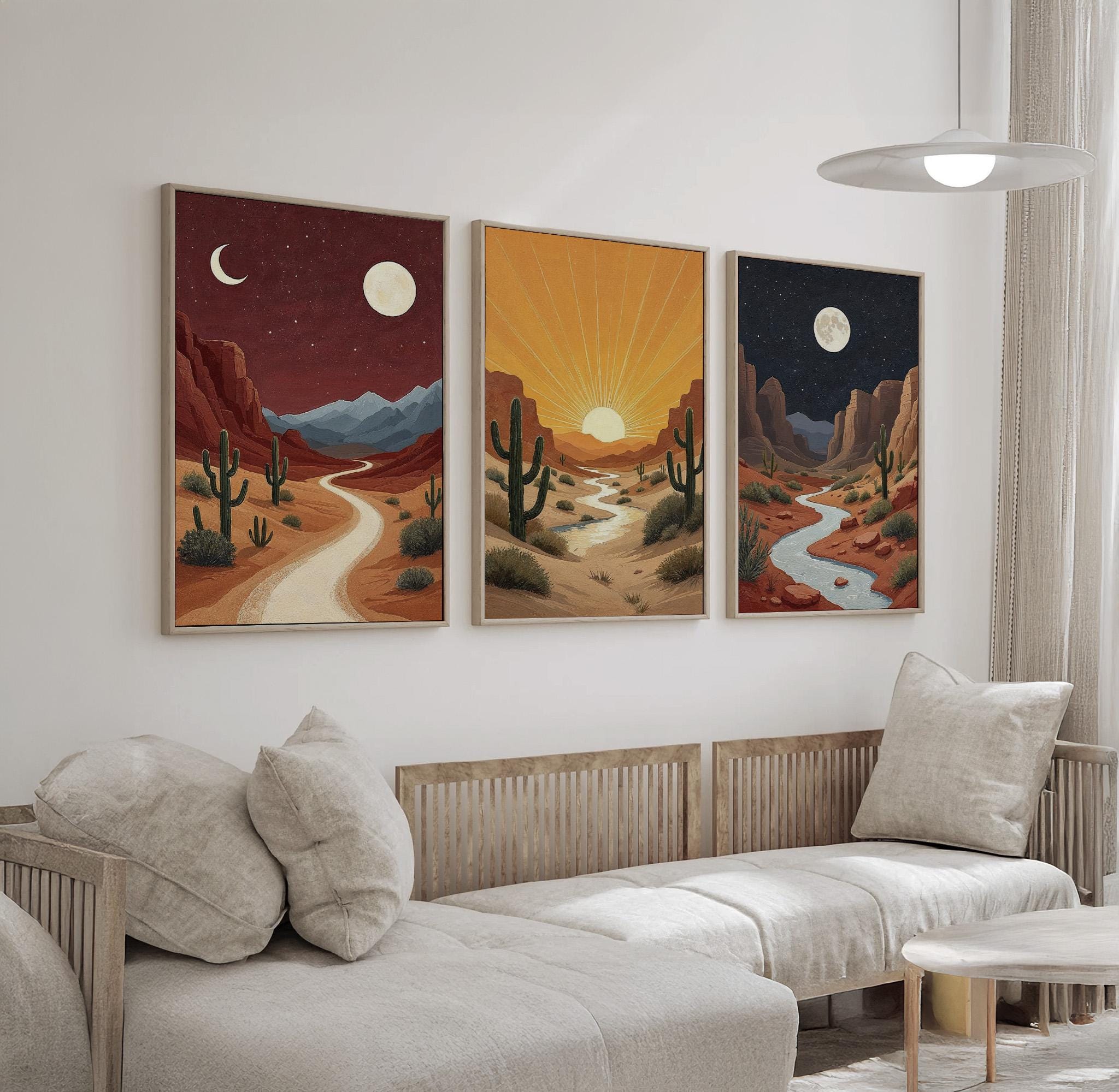 Desert Landscape Wall Art Set of 3 | Cactus Canyon With Sun and Moon ...