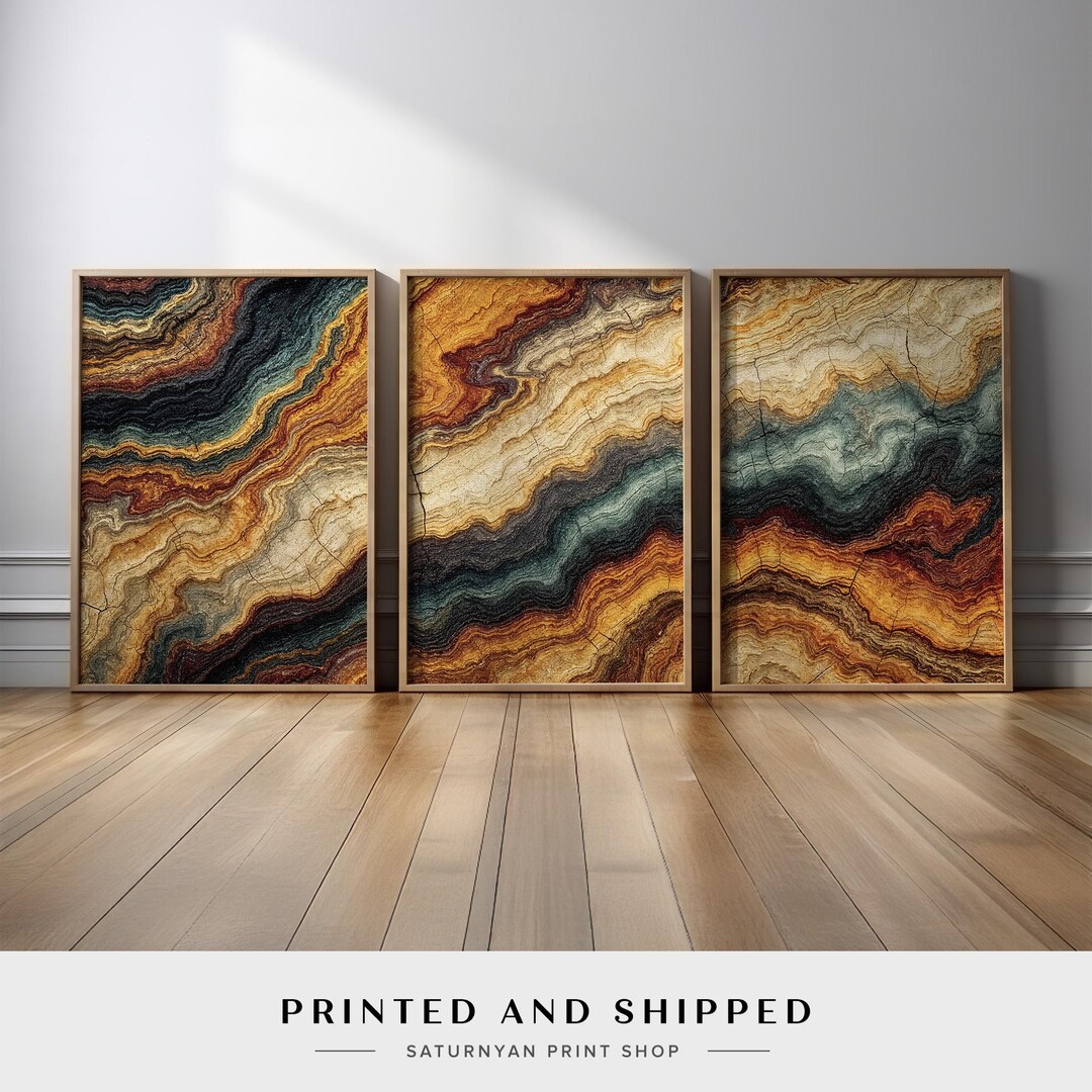 Geode-inspired Abstract Wall Art Set of 3 | Layered Mineral Wave Canvas ...