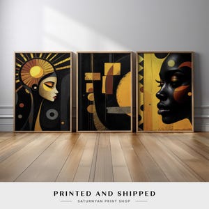 Modern Black Woman Wall Art Set of 3 | Bold Afro Portrait and Abstract Golden Elements | Afrocentric Triptych Print for Home or Office Decor