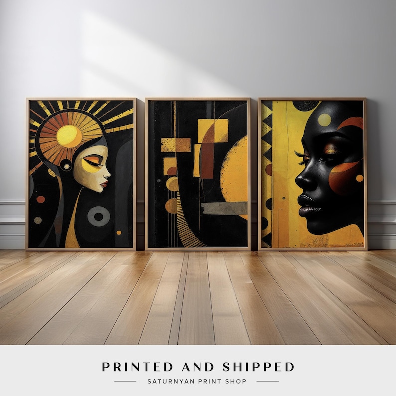 Modern Black Woman Wall Art Set of 3 | Bold Afro Portrait and Abstract ...