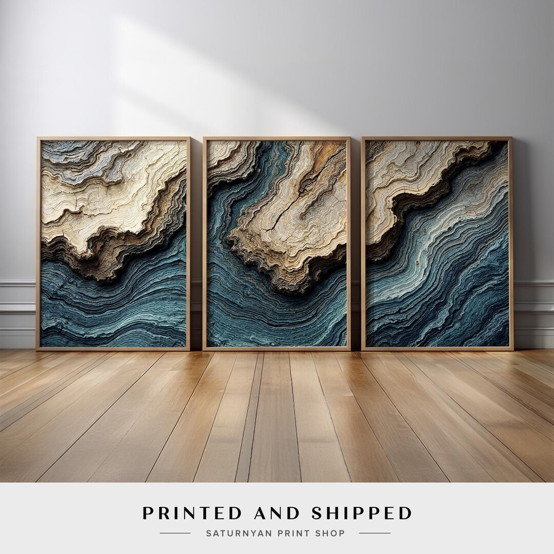 Blue Beige Abstract Ocean Wave Wall Art Triptych | Earth Layer Inspired ...