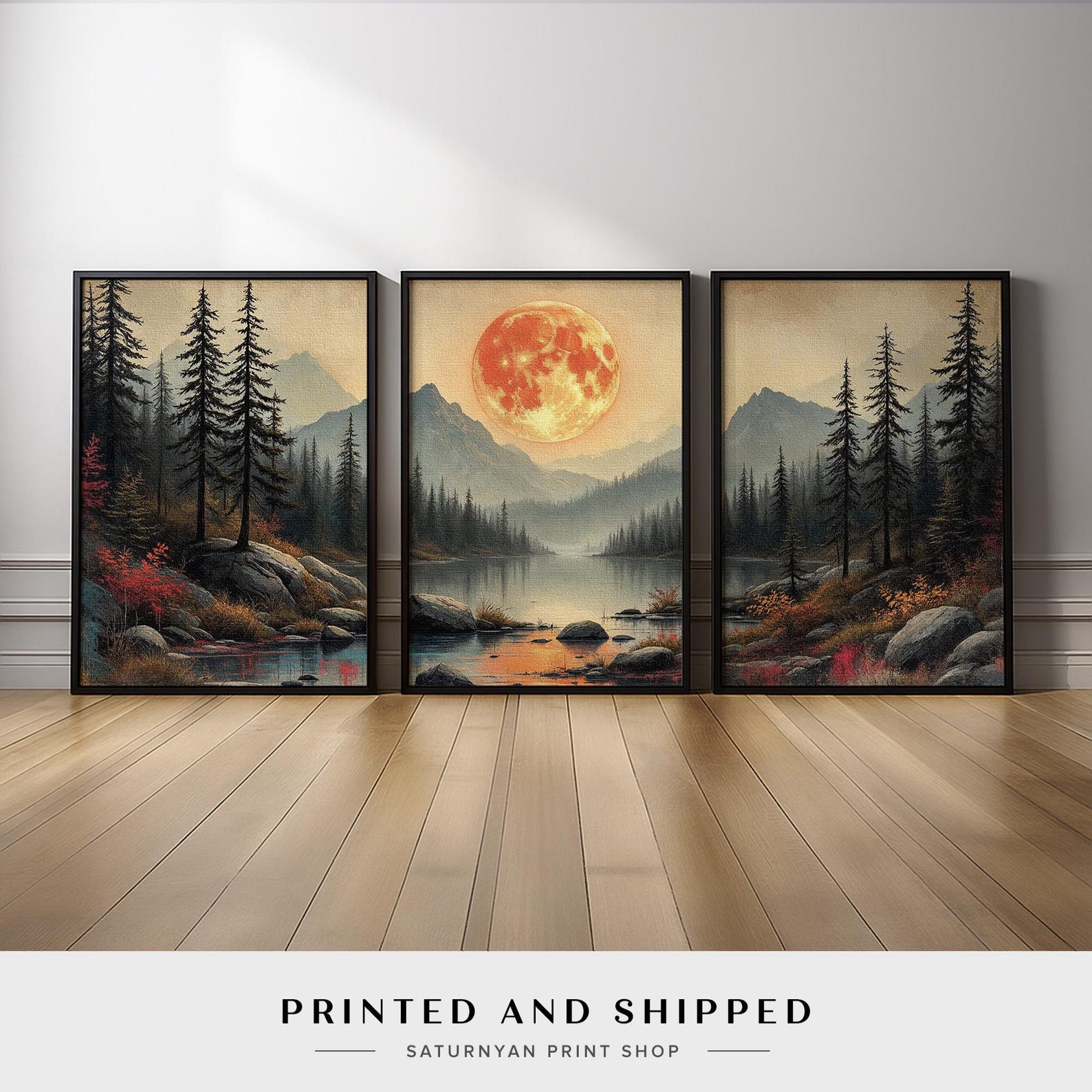 Large Landscape Wall Art Triptych | Moonlit Forest Lake With Mountains ...