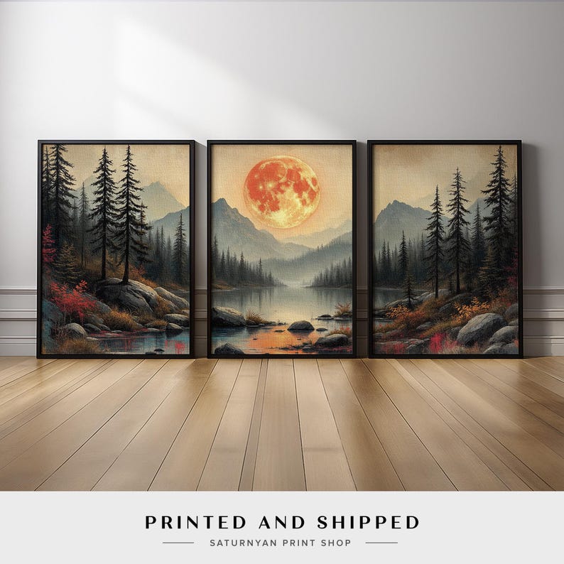 Large Landscape Wall Art Triptych | Moonlit Forest Lake With Mountains ...