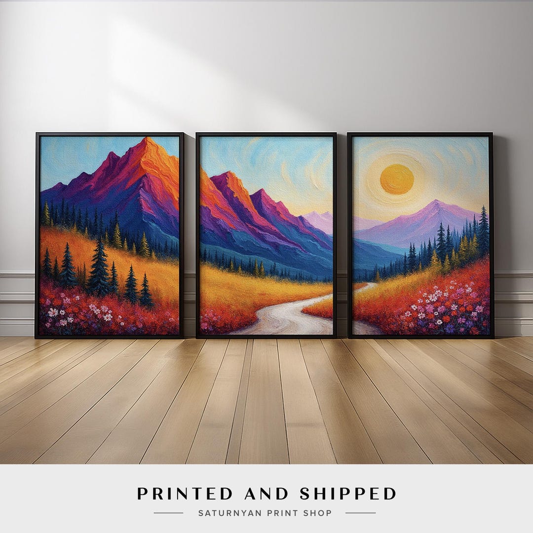Landscape Wall Art Set of 3 | Colorful Mountain Triptych With Winding ...