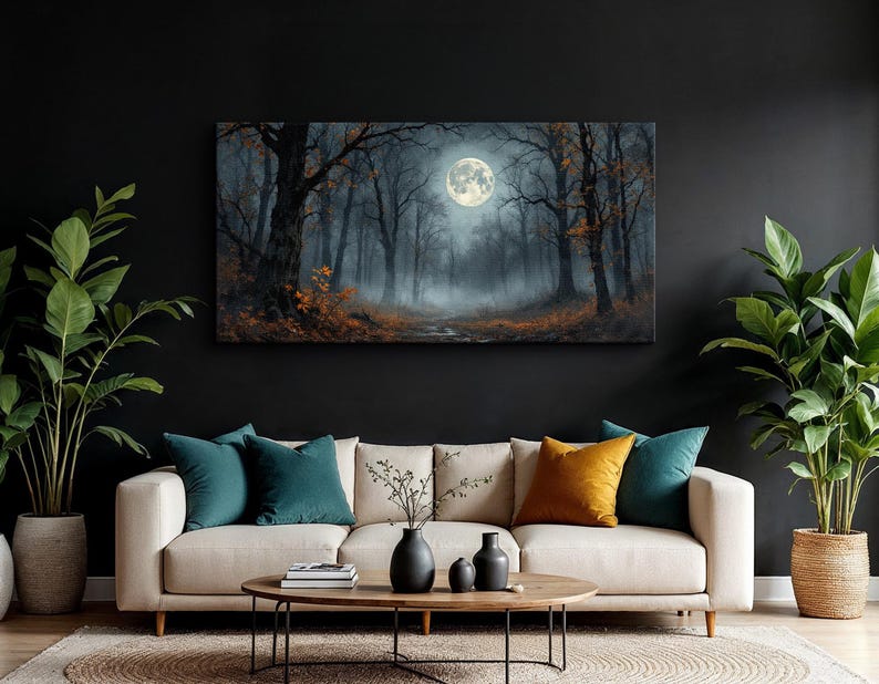 May include: A canvas print of a moonlit forest scene with a full moon in the center of the image. The forest is dark and mysterious, with tall trees and fog. The moon is bright and white, casting a soft glow on the forest floor.