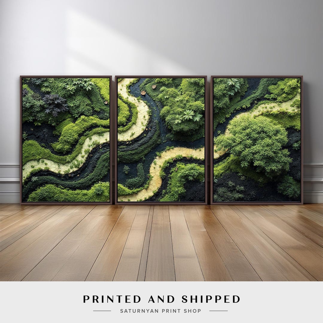 Nature Landscape Wall Art Triptych | Green Forest and River Canvas ...